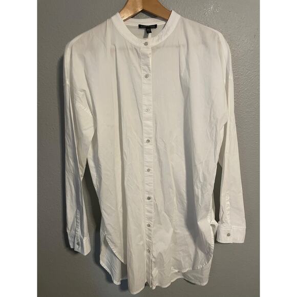 Eileen Fisher Shirt Womens Small White Mandarin Collar Button Tunic Stretch - Picture 1 of 9